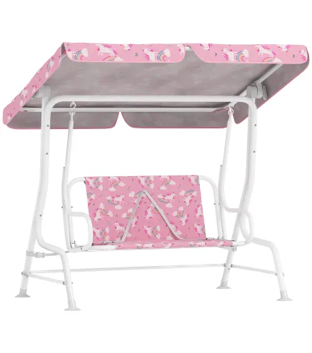 Columpio Jardín Exterior para niños 2 Plazas Toldo Ajustable Cinturones de Seguridad Diseño de Unicornio Arcoíris Rosa