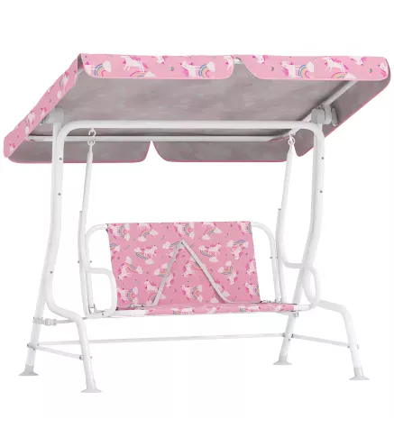 Columpio Jardín Exterior para niños 2 Plazas Toldo Ajustable Cinturones de Seguridad Diseño de Unicornio Arcoíris Rosa