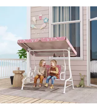 Columpio Jardín Exterior para niños 2 Plazas Toldo Ajustable Cinturones de Seguridad Diseño de Unicornio Arcoíris Rosa
