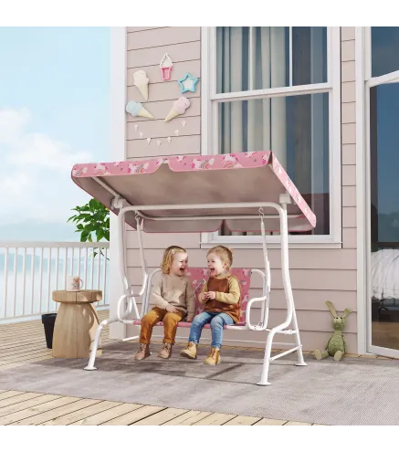 Columpio Jardín Exterior para niños 2 Plazas Toldo Ajustable Cinturones de Seguridad Diseño de Unicornio Arcoíris Rosa