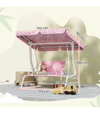 Columpio Jardín Exterior para niños 2 Plazas Toldo Ajustable Cinturones de Seguridad Diseño de Unicornio Arcoíris Rosa
