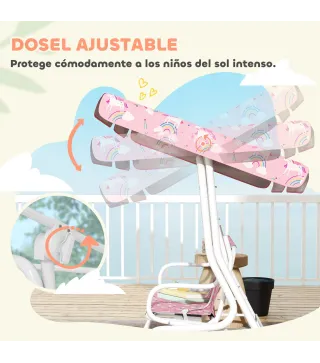 Columpio Jardín Exterior para niños 2 Plazas Toldo Ajustable Cinturones de Seguridad Diseño de Unicornio Arcoíris Rosa
