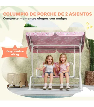 Columpio Jardín Exterior para niños 2 Plazas Toldo Ajustable Cinturones de Seguridad Diseño de Unicornio Arcoíris Rosa