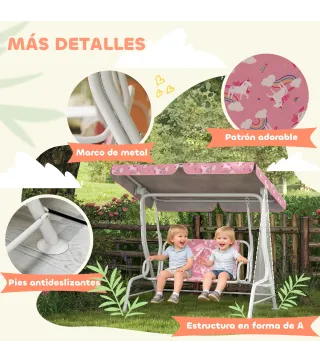 Columpio Jardín Exterior para niños 2 Plazas Toldo Ajustable Cinturones de Seguridad Diseño de Unicornio Arcoíris Rosa