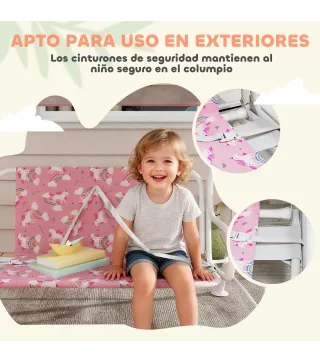 Columpio Jardín Exterior para niños 2 Plazas Toldo Ajustable Cinturones de Seguridad Diseño de Unicornio Arcoíris Rosa
