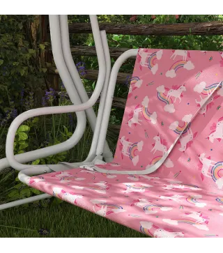 Columpio Jardín Exterior para niños 2 Plazas Toldo Ajustable Cinturones de Seguridad Diseño de Unicornio Arcoíris Rosa