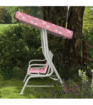 Columpio Jardín Exterior para niños 2 Plazas Toldo Ajustable Cinturones de Seguridad Diseño de Unicornio Arcoíris Rosa