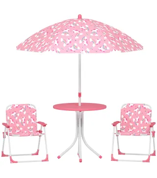 Conjunto de Mesa y Sillas Infantil de Jardín de 4 Piezas Sillas Plegables Sombrilla Desmontable Diseño Unicornios Rosa