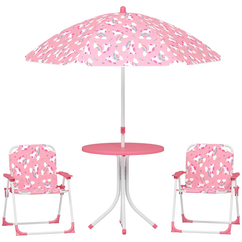 Conjunto de Mesa y Sillas Infantil de Jardín de 4 Piezas Sillas Plegables Sombrilla Desmontable Diseño Unicornios Rosa