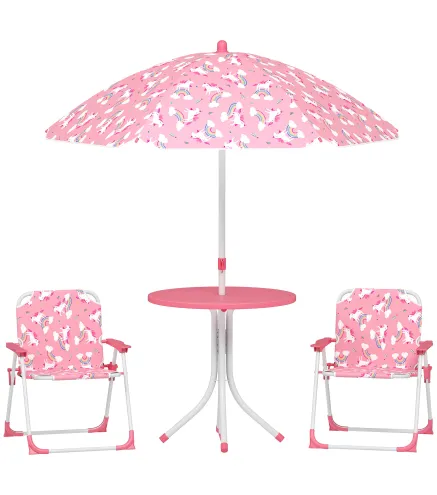Conjunto de Mesa y Sillas Infantil de Jardín de 4 Piezas Sillas Plegables Sombrilla Desmontable Diseño Unicornios Rosa
