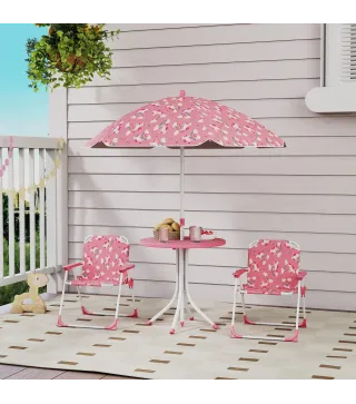 Conjunto de Mesa y Sillas Infantil de Jardín de 4 Piezas Sillas Plegables Sombrilla Desmontable Diseño Unicornios Rosa
