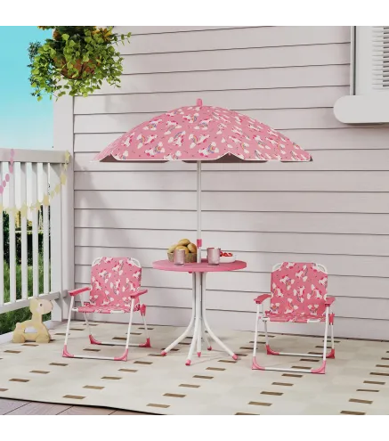 Conjunto de Mesa y Sillas Infantil de Jardín de 4 Piezas Sillas Plegables Sombrilla Desmontable Diseño Unicornios Rosa