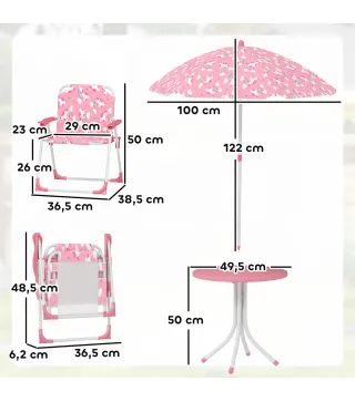 Conjunto de Mesa y Sillas Infantil de Jardín de 4 Piezas Sillas Plegables Sombrilla Desmontable Diseño Unicornios Rosa