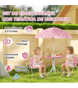 Conjunto de Mesa y Sillas Infantil de Jardín de 4 Piezas Sillas Plegables Sombrilla Desmontable Diseño Unicornios Rosa