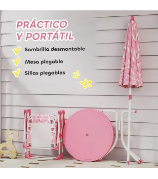 Conjunto de Mesa y Sillas Infantil de Jardín de 4 Piezas Sillas Plegables Sombrilla Desmontable Diseño Unicornios Rosa