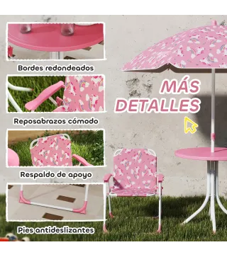 Conjunto de Mesa y Sillas Infantil de Jardín de 4 Piezas Sillas Plegables Sombrilla Desmontable Diseño Unicornios Rosa