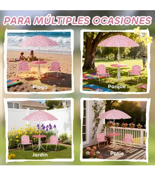 Conjunto de Mesa y Sillas Infantil de Jardín de 4 Piezas Sillas Plegables Sombrilla Desmontable Diseño Unicornios Rosa