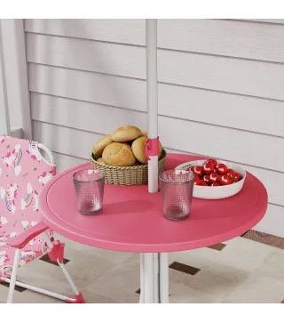 Conjunto de Mesa y Sillas Infantil de Jardín de 4 Piezas Sillas Plegables Sombrilla Desmontable Diseño Unicornios Rosa