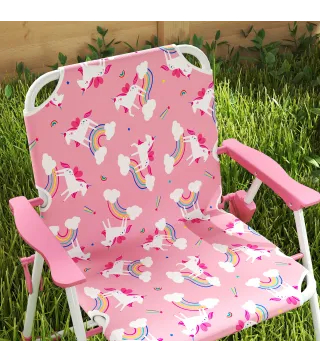 Conjunto de Mesa y Sillas Infantil de Jardín de 4 Piezas Sillas Plegables Sombrilla Desmontable Diseño Unicornios Rosa