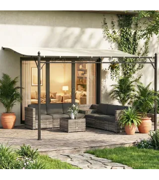 Pérgola de Pared 2,5x3,5 m con Techo Inclinado Orificios de Drenaje y Estructura Metálica Blanco Crema