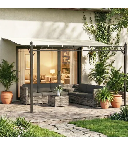 Pérgola de Pared 2,5x3,5 m con Techo Inclinado Orificios de Drenaje y Estructura Metálica Blanco Crema