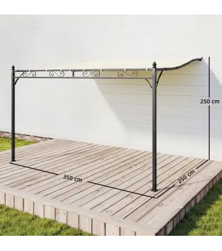 Pérgola de Pared 2,5x3,5 m con Techo Inclinado Orificios de Drenaje y Estructura Metálica Blanco Crema
