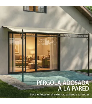 Pérgola de Pared 2,5x3,5 m con Techo Inclinado Orificios de Drenaje y Estructura Metálica Blanco Crema