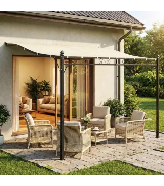 Pérgola de Pared 2,5x3,5 m con Techo Inclinado Orificios de Drenaje y Estructura Metálica Blanco Crema