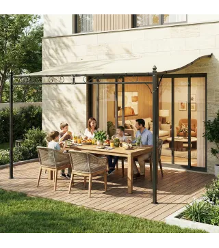 Pérgola de Pared 2,5x3,5 m con Techo Inclinado Orificios de Drenaje y Estructura Metálica Blanco Crema