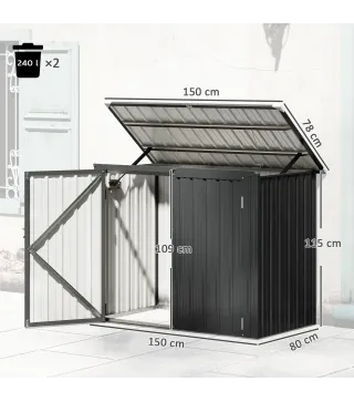 Cobertizo para Contenedor de Basura Doble de Acero Galvanizado de 240L con Tapa Abatible y Puertas con Cerradura Gris