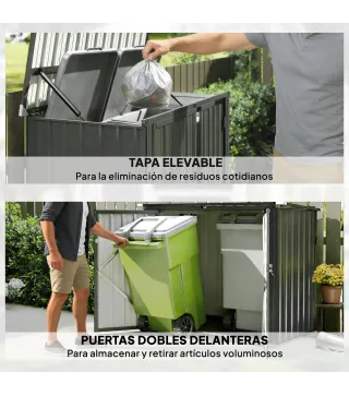 Cobertizo para Contenedor de Basura Doble de Acero Galvanizado de 240L con Tapa Abatible y Puertas con Cerradura Gris