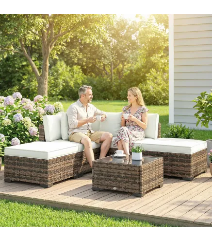 Conjunto de Jardín Exterior de Ratán de 6 Piezas con Silla Esquinero 2 Sillas sin Brazos Reposapiés y Mesa Amarillo