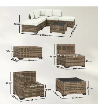 Conjunto de Jardín Exterior de Ratán de 6 Piezas con Silla Esquinero 2 Sillas sin Brazos Reposapiés y Mesa Amarillo