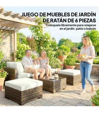 Conjunto de Jardín Exterior de Ratán de 6 Piezas con Silla Esquinero 2 Sillas sin Brazos Reposapiés y Mesa Amarillo