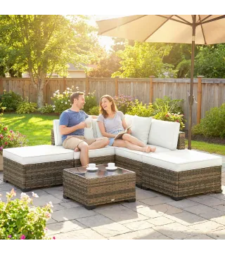 Conjunto de Jardín Exterior de Ratán de 6 Piezas con Silla Esquinero 2 Sillas sin Brazos Reposapiés y Mesa Amarillo