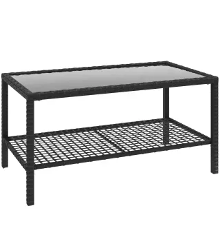 Mesa Auxiliar de Jardín de Ratán con Estante y Tablero de Vidrio, 92x50x45 cm, Negro