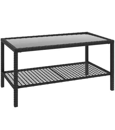Mesa Auxiliar de Jardín de Ratán con Estante y Tablero de Vidrio, 92x50x45 cm, Negro