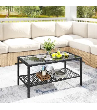 Mesa de Jardín de Ratán Mesita Auxiliar con Estante Tablero de Vidrio Templado Estructura de Acero 92x50x45 cm Negro