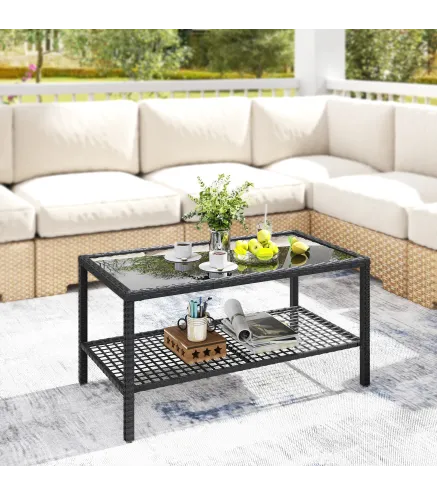 Mesa de Jardín de Ratán Mesita Auxiliar con Estante Tablero de Vidrio Templado Estructura de Acero 92x50x45 cm Negro