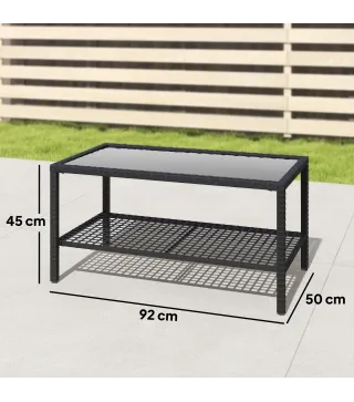 Mesa Auxiliar de Jardín de Ratán con Estante y Tablero de Vidrio, 92x50x45 cm, Negro