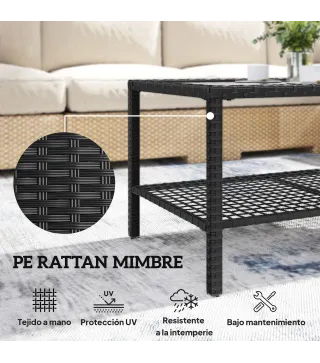 Mesa Auxiliar de Jardín de Ratán con Estante y Tablero de Vidrio, 92x50x45 cm, Negro