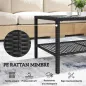 Mesa de Jardín de Ratán Mesita Auxiliar con Estante Tablero de Vidrio Templado Estructura de Acero 92x50x45 cm Negro