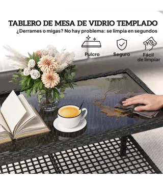 Mesa Auxiliar de Jardín de Ratán con Estante y Tablero de Vidrio, 92x50x45 cm, Negro