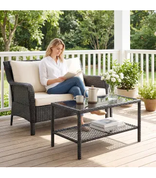 Mesa Auxiliar de Jardín de Ratán con Estante y Tablero de Vidrio, 92x50x45 cm, Negro