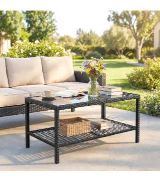 Mesa Auxiliar de Jardín de Ratán con Estante y Tablero de Vidrio, 92x50x45 cm, Negro