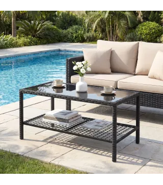 Mesa Auxiliar de Jardín de Ratán con Estante y Tablero de Vidrio, 92x50x45 cm, Negro