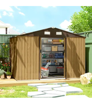 Cobertizo de Jardín Exterior 4,9 m² 277x195x192 cm con Puerta Corredera Ventilación y Kit de Fundación Marrón