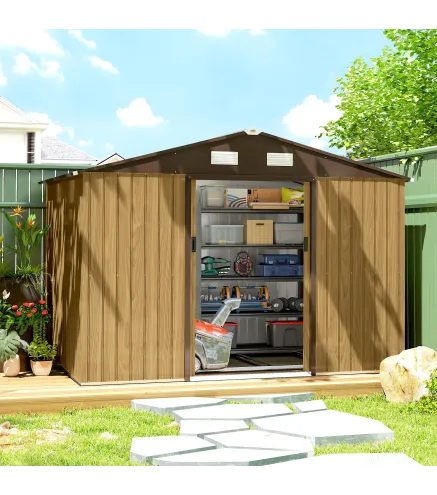 Cobertizo de Jardín Exterior 4,9 m² 277x195x192 cm con Puerta Corredera Ventilación y Kit de Fundación Marrón