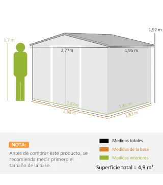 Cobertizo de Jardín Exterior 4,9 m² 277x195x192 cm con Puerta Corredera Ventilación y Kit de Fundación Marrón