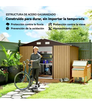Cobertizo de Jardín Exterior 4,9 m² 277x195x192 cm con Puerta Corredera Ventilación y Kit de Fundación Marrón